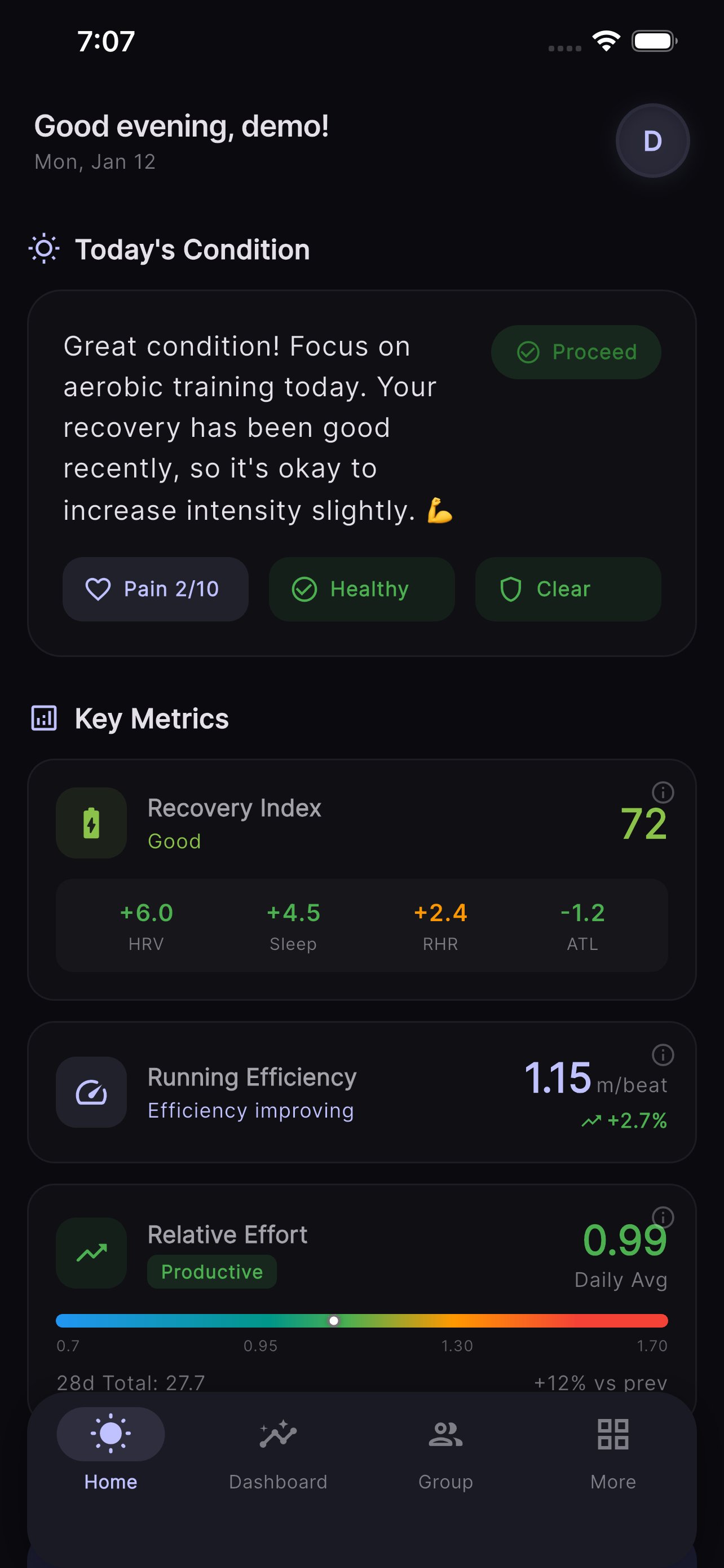 ONWRD mobile app showing daily condition score and training guidance