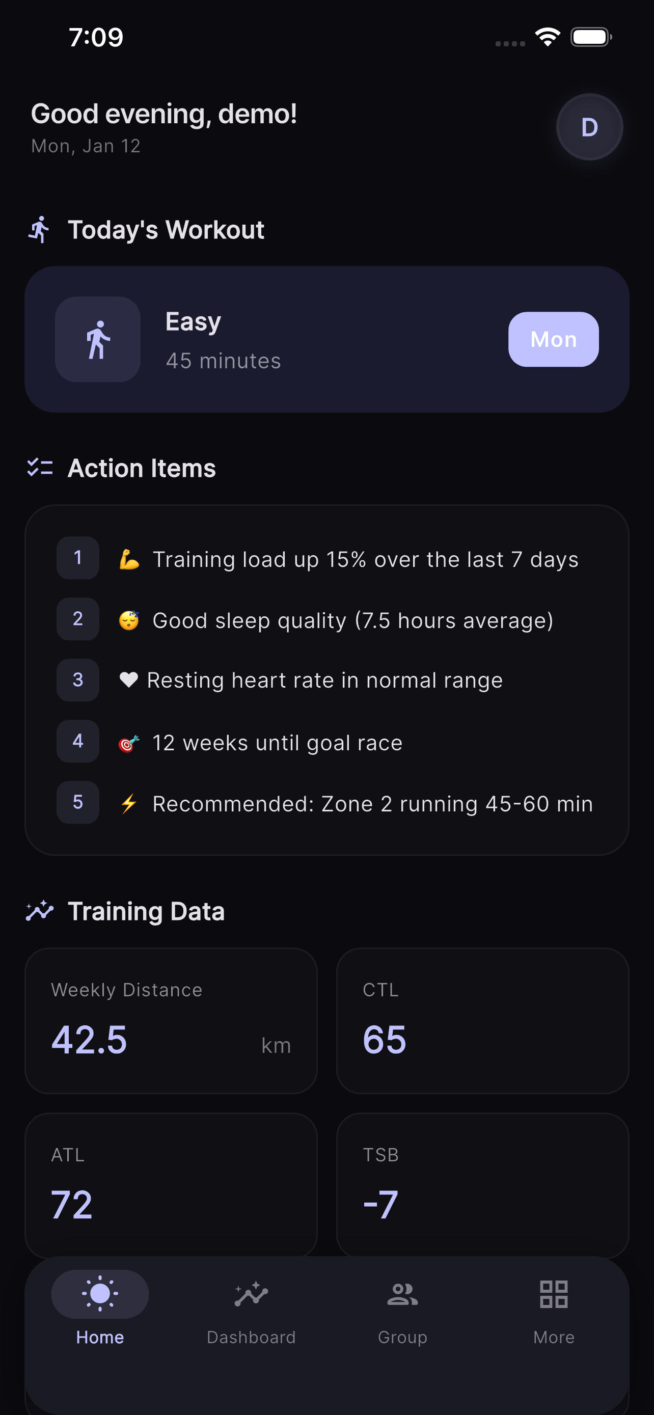 ONWRD mobile app showing workout data and action items